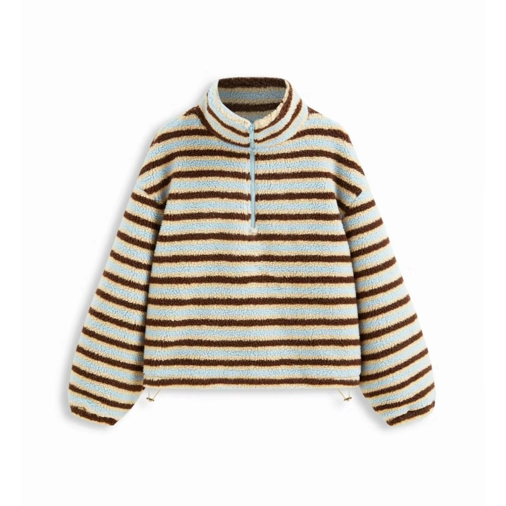 Cider Fleece Stripe Stand Collar Drawstring Half Zip Oversized Sweatshirt, M